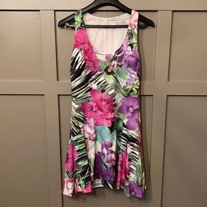 Trina Turk Tropical Floral Printed Sleeveless Dress Scoop Neck Multicolor